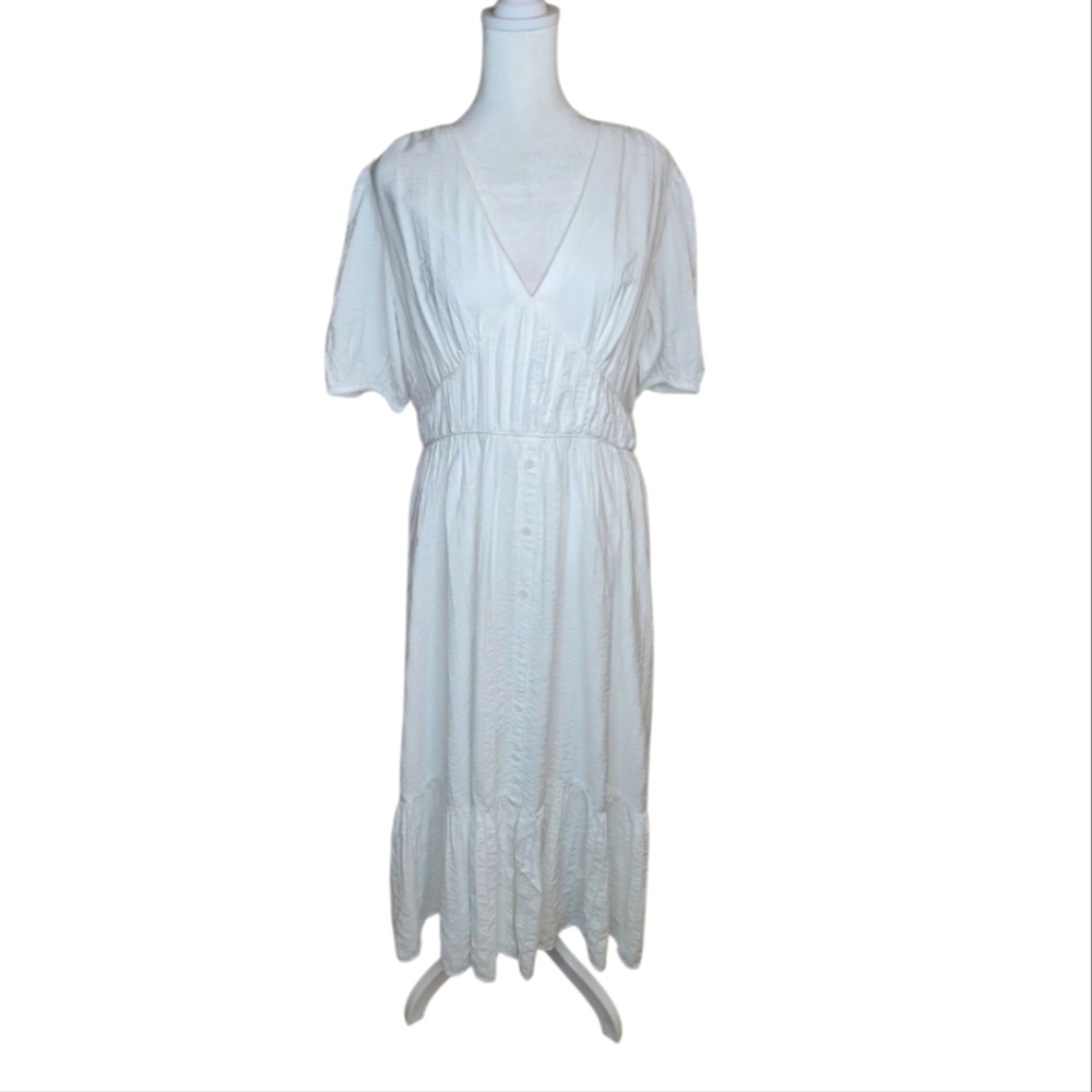 NEW Loft White V Neck Puff Sleeve Maxi Dress Size 8